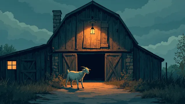Goat standing beneath a weathered barn door at dusk lit by a hanging lantern