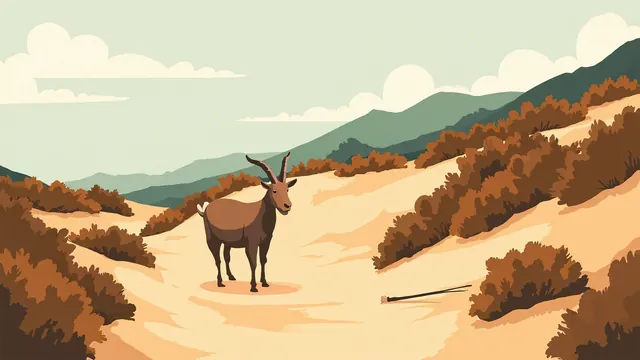 Stubborn goat blocking a dusty hillside trail next to a fallen walking stick