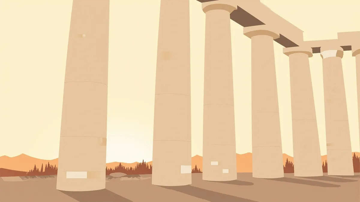 Illustration of ancient marble temple columns at dawn with shafts of light