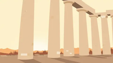 Illustration of ancient marble temple columns at dawn with shafts of light