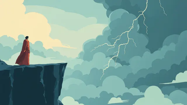 A cloaked figure stands on a cliff as lightning strikes through a distant thunderhead.