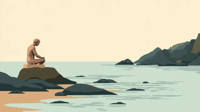 A weathered stone statue kneels among tide pools and kelp on a quiet rocky shore.