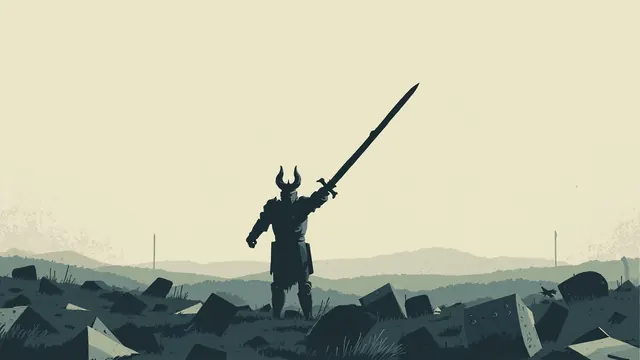 A horned figure raises a battered sword amid broken shields in a hazy, trampled field.
