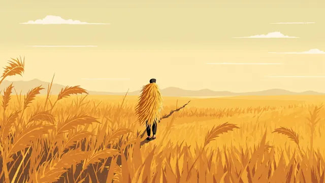 A wreath-bearing figure walks a narrow path between golden sheaves in a quiet wheat field.