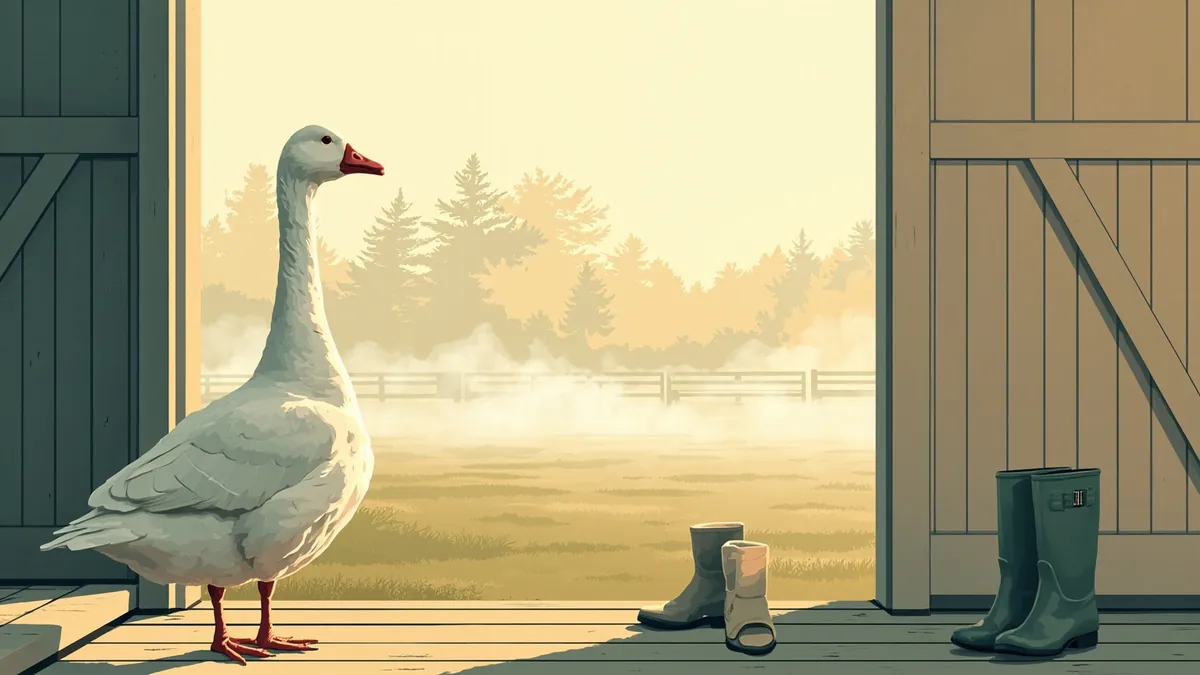 Illustration of a white goose standing on a farmhouse porch step beside rubber boots in morning mist