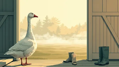 Illustration of a white goose standing on a farmhouse porch step beside rubber boots in morning mist