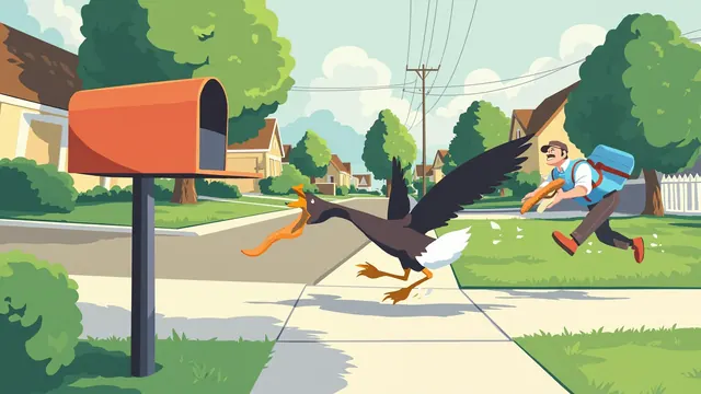 Goose chasing a mail carrier away from a sidewalk mailbox, holding a sandwich crust in its beak, suburban lawns and hedges on either side