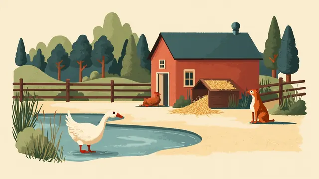 Goose wading through a puddle in a barnyard with chickens scattering straw from a feeder and a dog resting by the coop