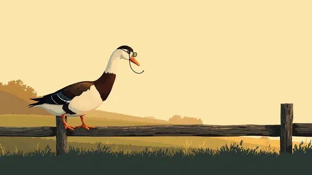 A gander wearing a monocle walks the top rail of a wooden fence at golden hour, hedgerow and meadow behind him