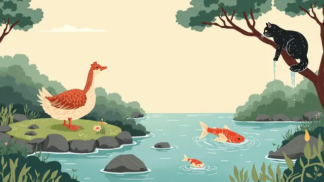 Grumpy goose guarding a koi pond with fluffed feathers while a wet cat clings to a branch beside mossy stones