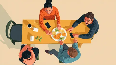 Overhead illustration of four friends laughing around a table with mugs