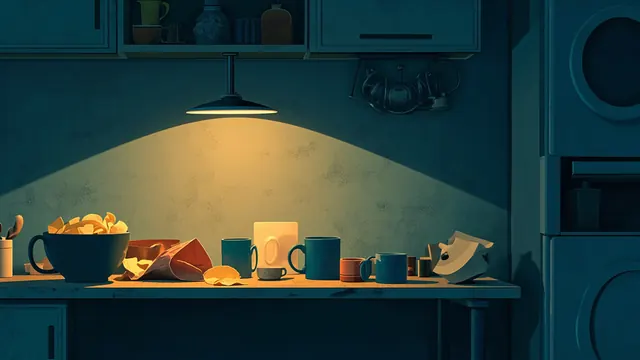 A dimly lit kitchen late at night with mismatched mugs and a spilled bag of chips on a worn wooden table.