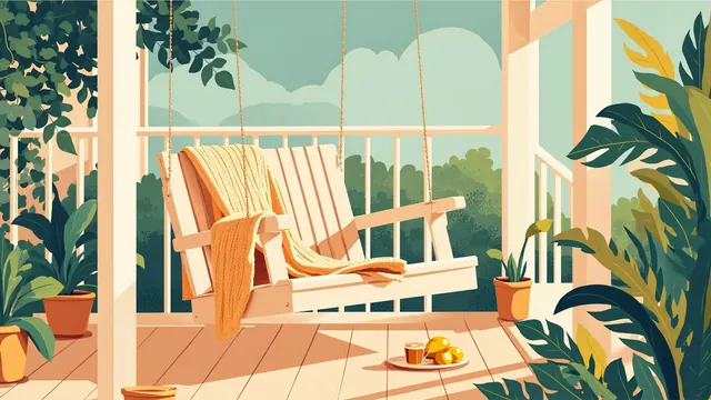 An empty porch swing draped with a folded blanket beside a tray of iced tea and potted plants.