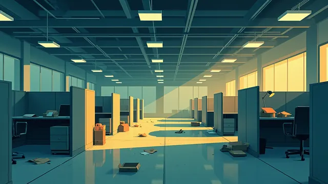 Quiet empty office at dusk, takeout boxes on desks, one lamp lit, shadows across cubicles
