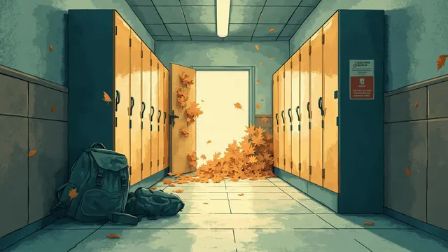 A quiet school hallway with dented lockers, a slumped backpack, and leaves drifting in through an open door under flickering lights