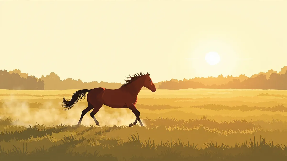 Illustration of a horse galloping across an open field at golden hour