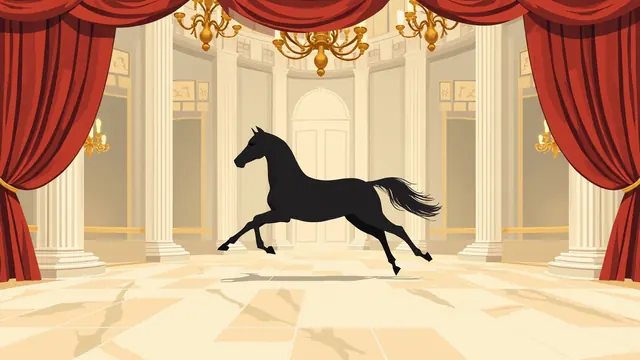 A horse parades across the glossy floor of an ornate ballroom under hanging chandeliers