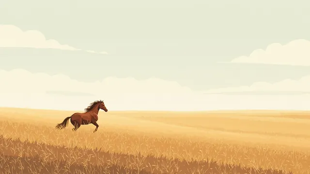 A horse rears on its hind legs in a windswept grassy field beneath an open sky