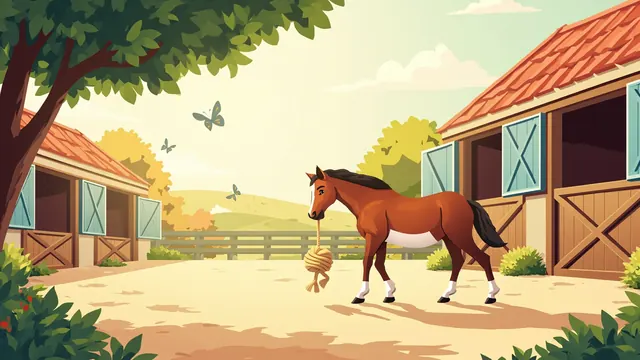 A young horse plays with a hanging toy in a sunny farmyard while butterflies flutter nearby
