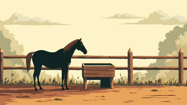 A horse drinks at a wooden trough on a worn farm path between rustic fence posts