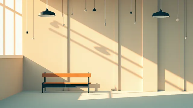 Empty locker room with a wooden bench and bare hanging light bulbs