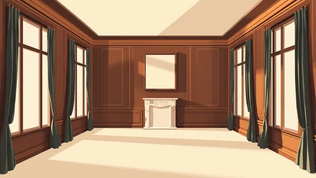 Elegant parlor with walnut walls, velvet curtains, and an unlit marble fireplace
