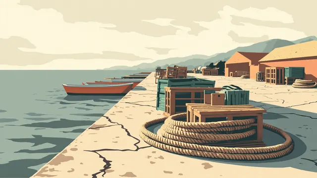 Working boatyard with stacked crates and coiled rope on a cracked pier