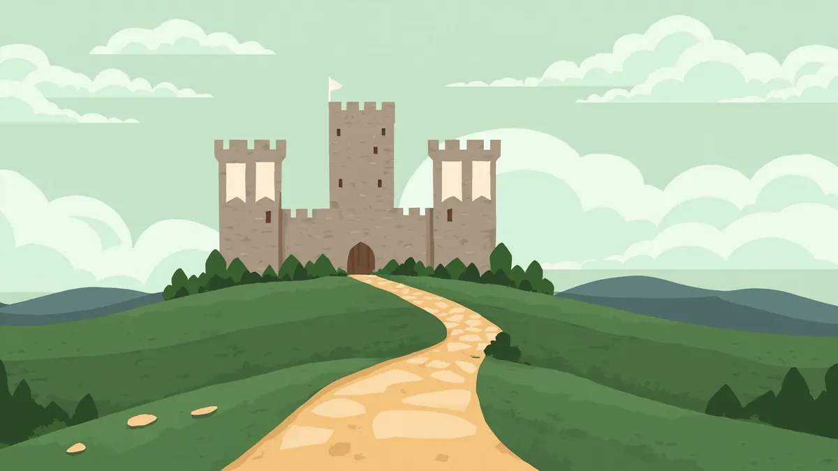 Illustration of a stone castle on a green hill with plain banners
