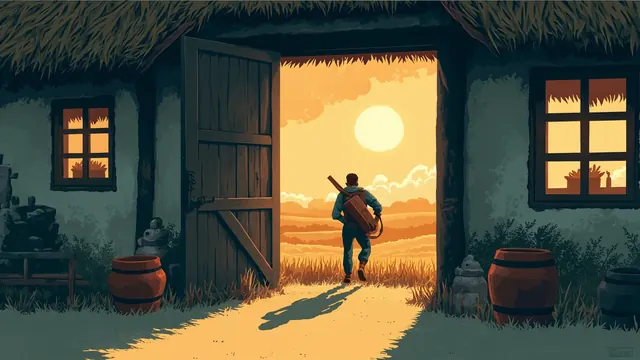 A peasant leaves a smoke-draped cottage at first light, shouldering a yoke before an open field.