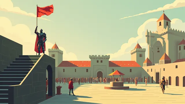 An armored knight on a stone stair in a castle courtyard raises an arm and addresses a crowd.