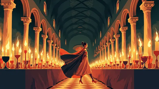 A jeweled noble sweeping through a candlelit banquet hall, cloak trailing, foot poised over a goblet on the high table