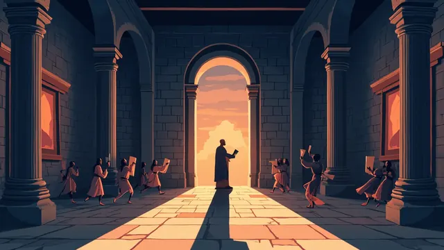 A robed reader at a lectern in a tall stone scriptorium, greeting younger scribes arriving with scrolls as dusk settles beyond the arches