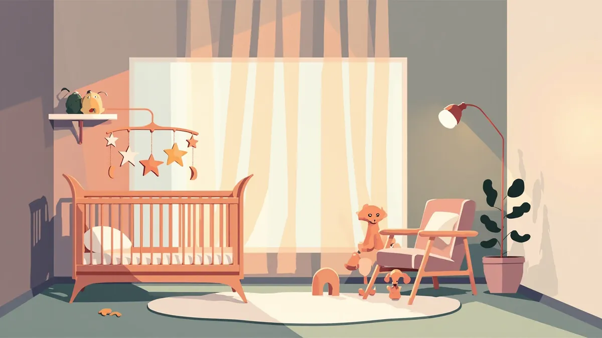 Illustration of a felt star and moon mobile above a crib in a pastel nursery