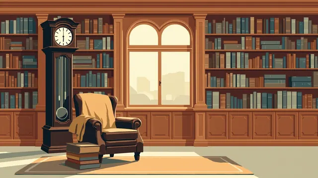 A grandfather clock and a leather armchair in a wood-paneled library study, with a folded throw and old books on the floor.