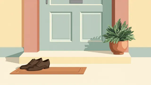 A tidy porch with a freshly painted step, polished shoes, a doormat, and a small fern in a pot near a front door.