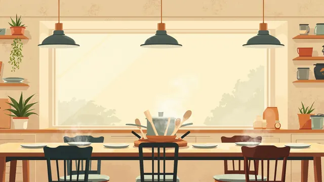 A bright kitchen with a long family table, many place settings, mismatched chairs, and a steaming pot of food.