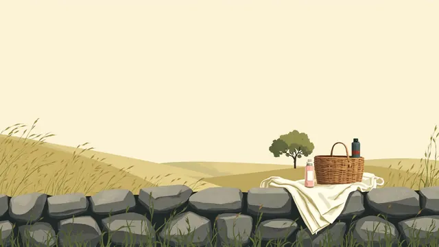 A picnic setup on a stone wall bordering a sunlit grassy meadow with a basket, blanket, and a distant tree