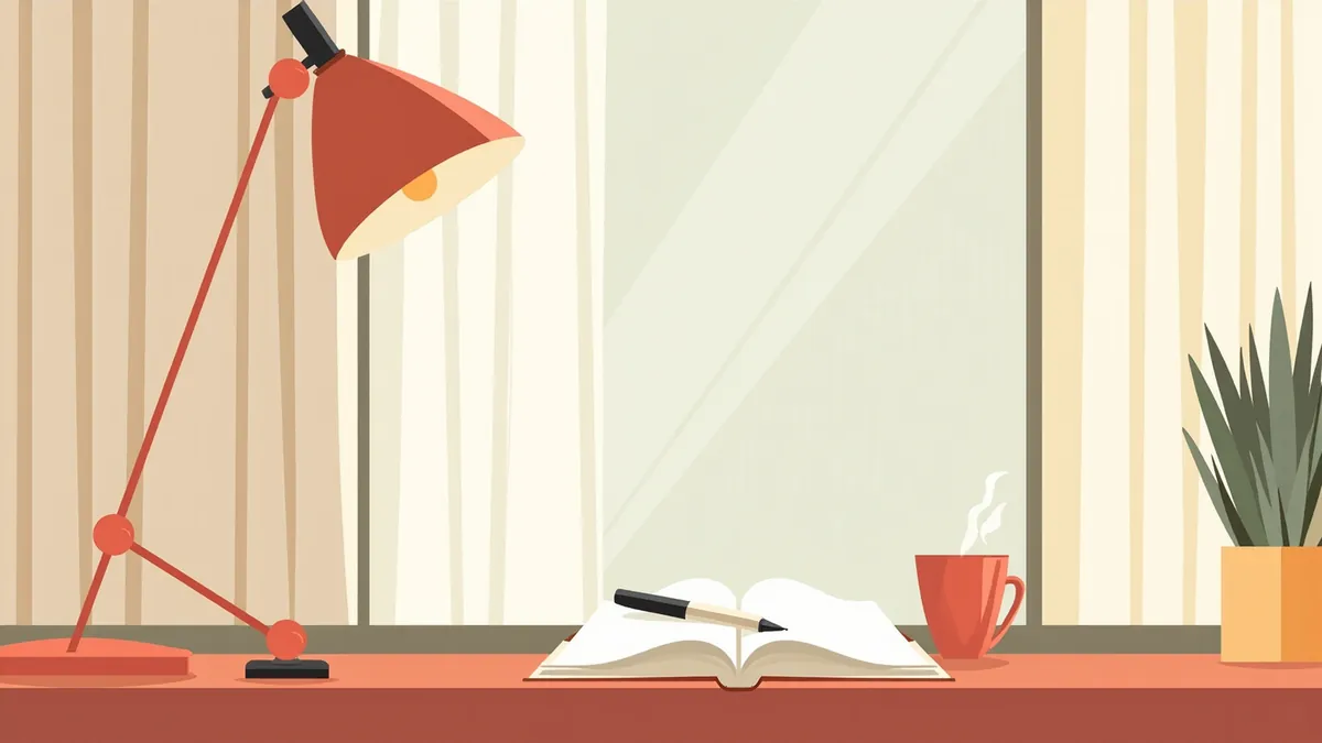 Illustration of a fountain pen on blank paper beside a cup of tea and a plain notebook