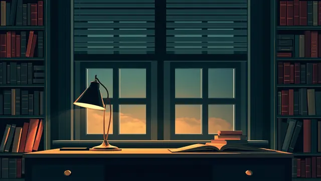 Quiet library study with cloth-bound paperbacks on shelves and a brass lamp lit on an oak desk at dusk