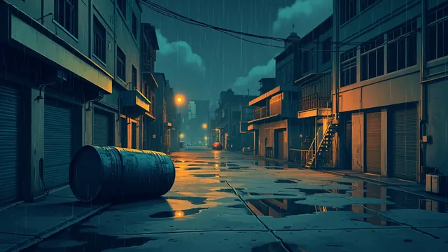 Empty industrial loading area at night under yellow streetlamps, wet pavement gleaming beside a knocked-over metal drum