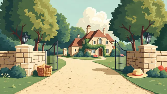 Country lane leading to an ivy-covered stone house, a wicker basket and straw hat on the garden wall
