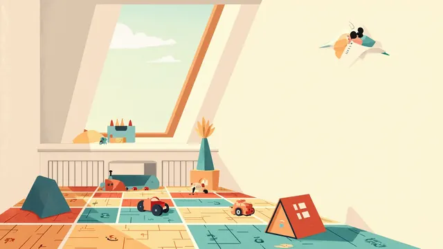 Sunlight pours through a dormer window into an attic bedroom, a paper airplane soaring above scattered toys on a quilt.