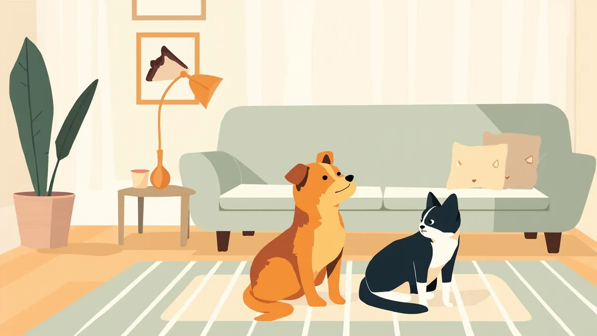 Illustration of a dog and a cat sitting side by side on a striped rug