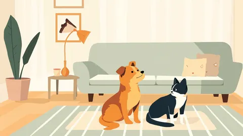 Illustration of a dog and a cat sitting side by side on a striped rug