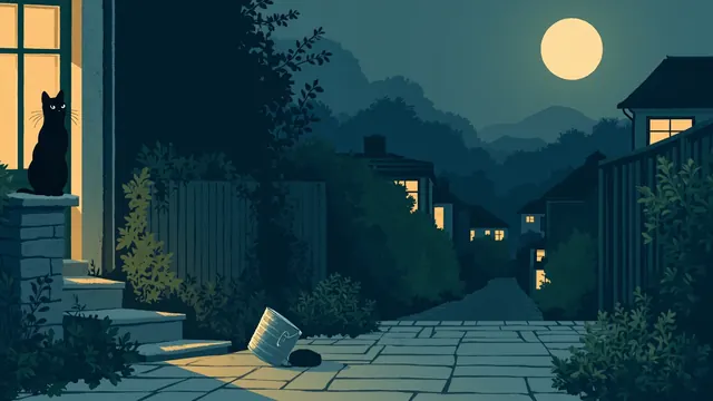 Black cat on a stone wall in a quiet alley at night, turning away from a clattering tin
