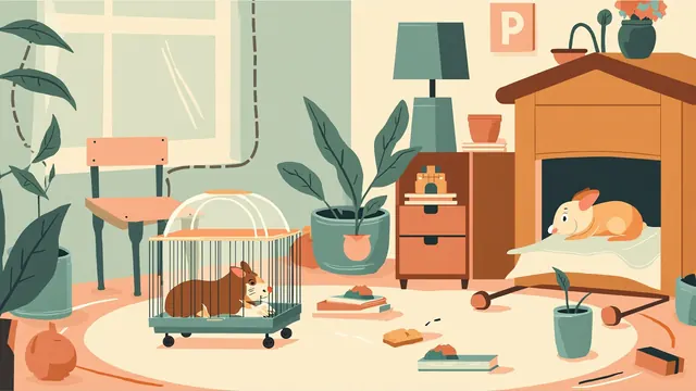 Hamster running in its cage beside a rabbit curled in a small hutch inside a bright bedroom