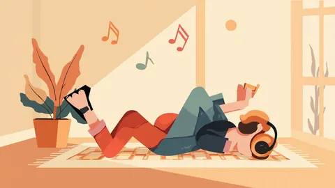 Illustration of a sound wave ribbon curving beside over-ear headphones