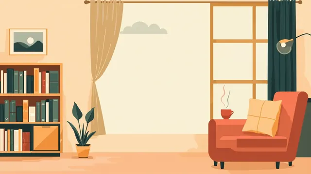 A cozy living room bathed in late-afternoon sun, with a tea mug on a low shelf and a breeze moving a linen curtain by an open window.
