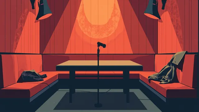 A small karaoke booth with crushed velvet walls, a swinging microphone, and discarded jackets piled on the bench.