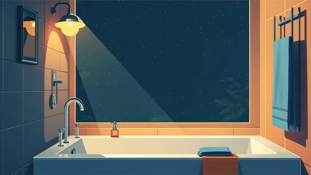 A dim lamplit bathroom at night with a running faucet, a folded towel by the tub, and rain on a frosted window.